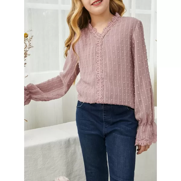 Dokotoo Girls Cute Long Sleeve V Neck Chiffon Blouses Loose Soft Casual Shirts Tops
