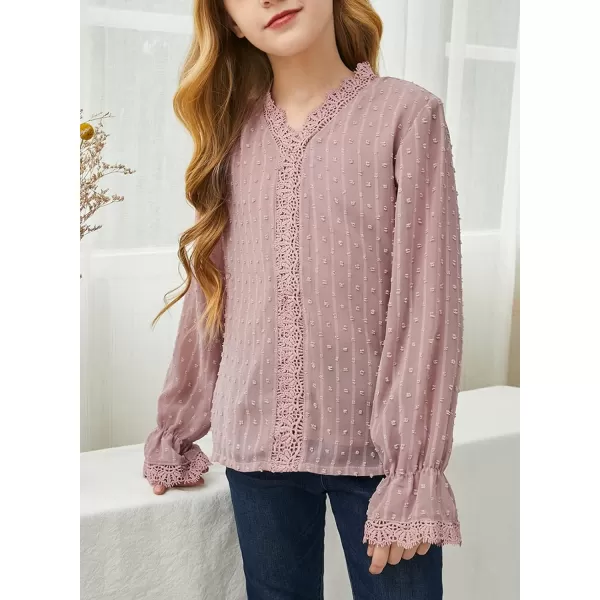 Dokotoo Girls Cute Long Sleeve V Neck Chiffon Blouses Loose Soft Casual Shirts Tops