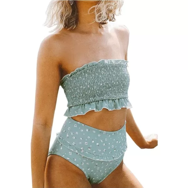 Dokotoo Women Cute High Waist Strapless Smocked Bikini Sets Swimsuit Bathing Suit