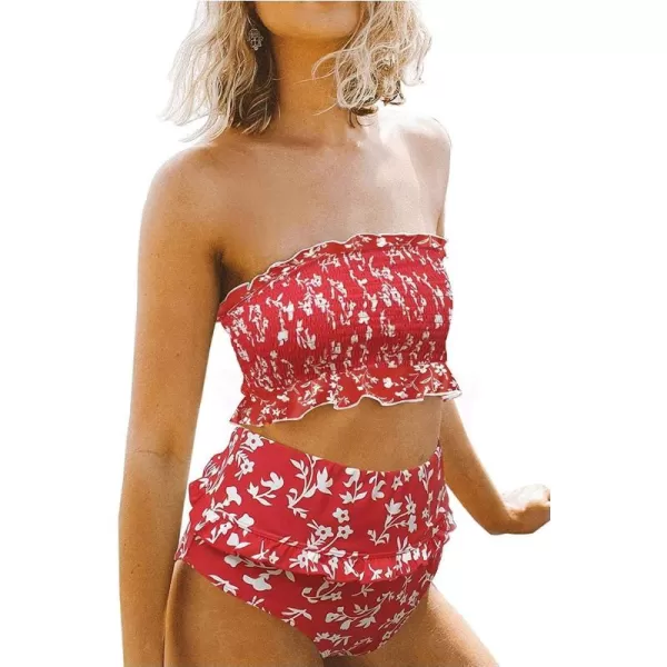 Dokotoo Women Cute High Waist Strapless Smocked Bikini Sets Swimsuit Bathing Suit