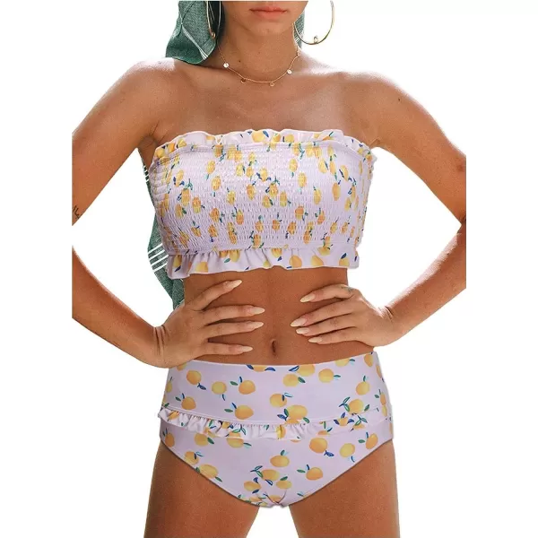 Dokotoo Women Cute High Waist Strapless Smocked Bikini Sets Swimsuit Bathing Suit