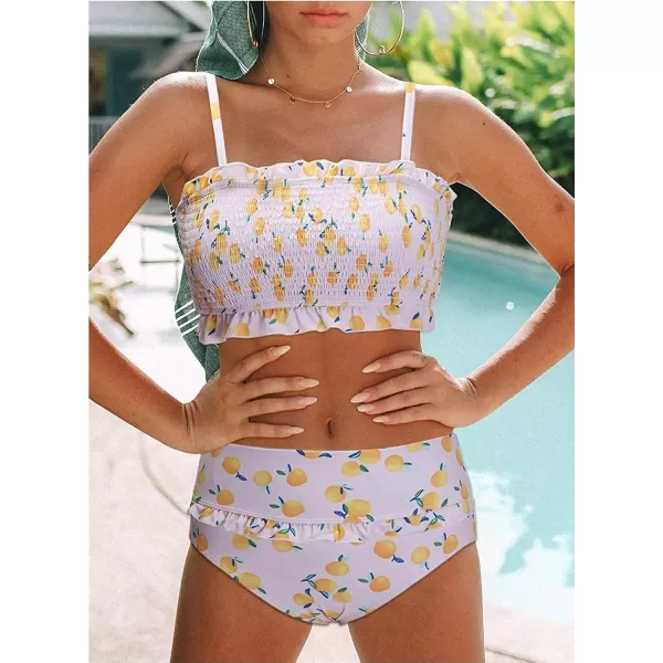 Dokotoo Women Cute High Waist Strapless Smocked Bikini Sets Swimsuit Bathing Suit