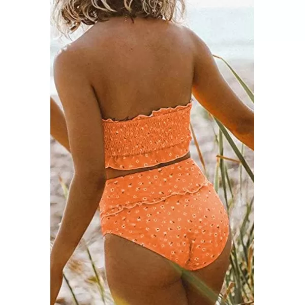 Dokotoo Women Cute High Waist Strapless Smocked Bikini Sets Swimsuit Bathing Suit