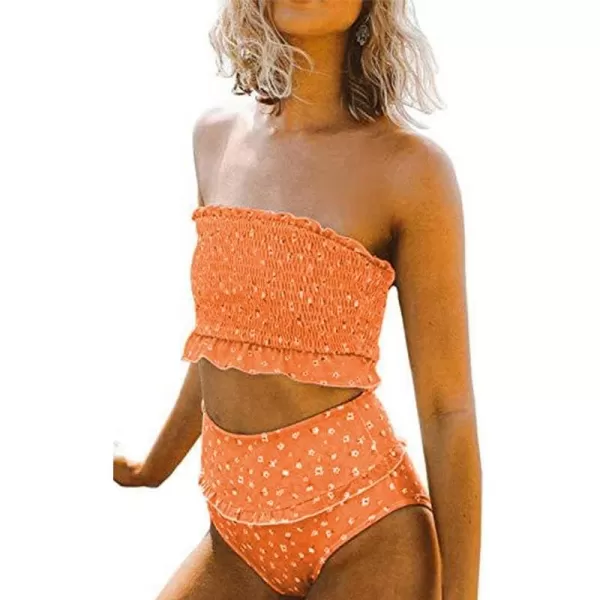 Dokotoo Women Cute High Waist Strapless Smocked Bikini Sets Swimsuit Bathing Suit