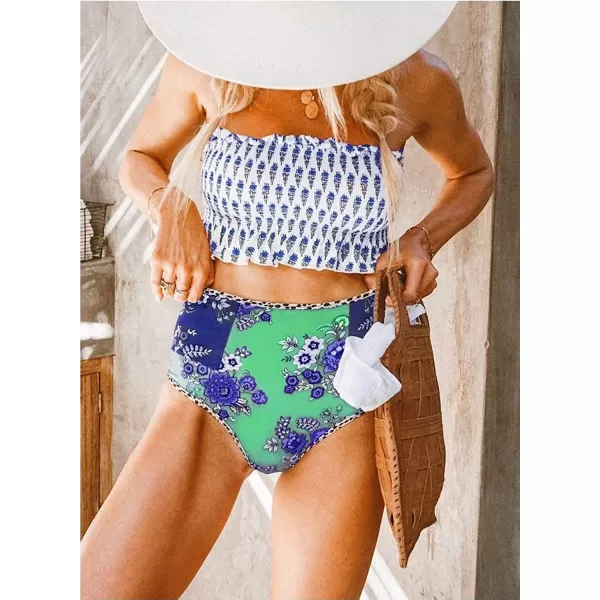 Dokotoo Women Cute High Waist Strapless Smocked Bikini Sets Swimsuit Bathing Suit