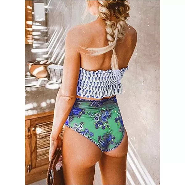 Dokotoo Women Cute High Waist Strapless Smocked Bikini Sets Swimsuit Bathing Suit