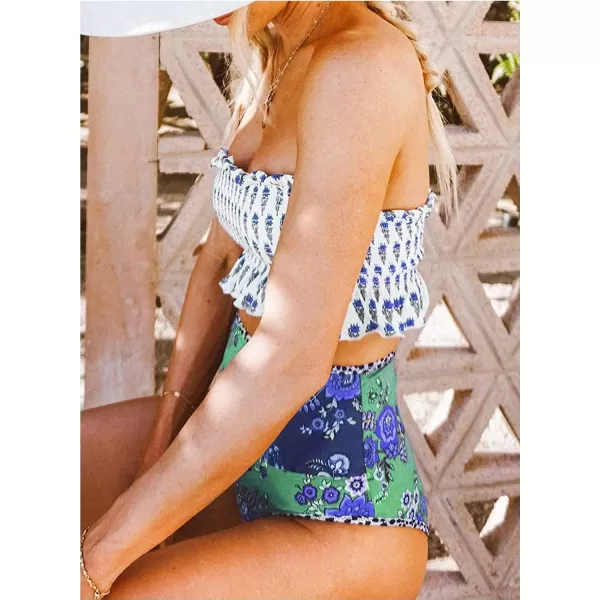 Dokotoo Women Cute High Waist Strapless Smocked Bikini Sets Swimsuit Bathing Suit