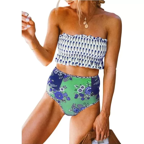 Dokotoo Women Cute High Waist Strapless Smocked Bikini Sets Swimsuit Bathing Suit