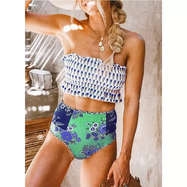 Dokotoo Women Cute High Waist Strapless Smocked Bikini Sets Swimsuit Bathing Suit