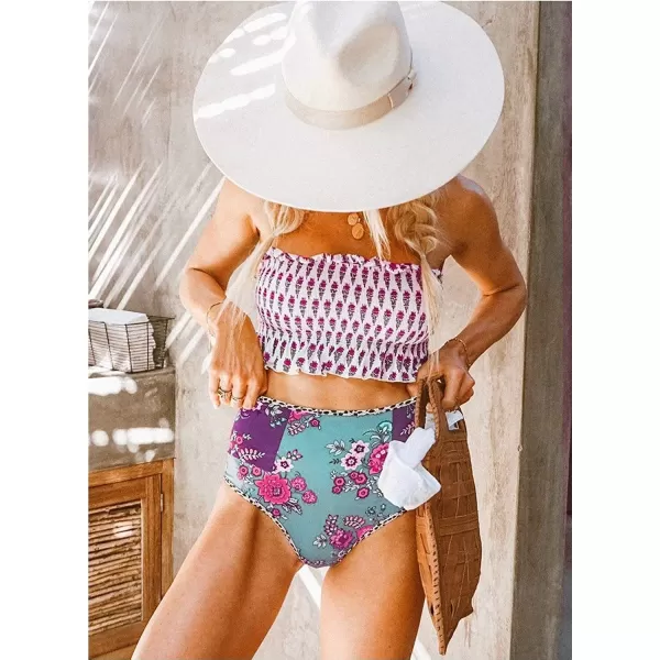 Dokotoo Women Cute High Waist Strapless Smocked Bikini Sets Swimsuit Bathing Suit