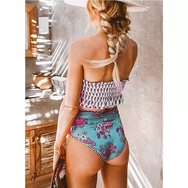 Dokotoo Women Cute High Waist Strapless Smocked Bikini Sets Swimsuit Bathing Suit