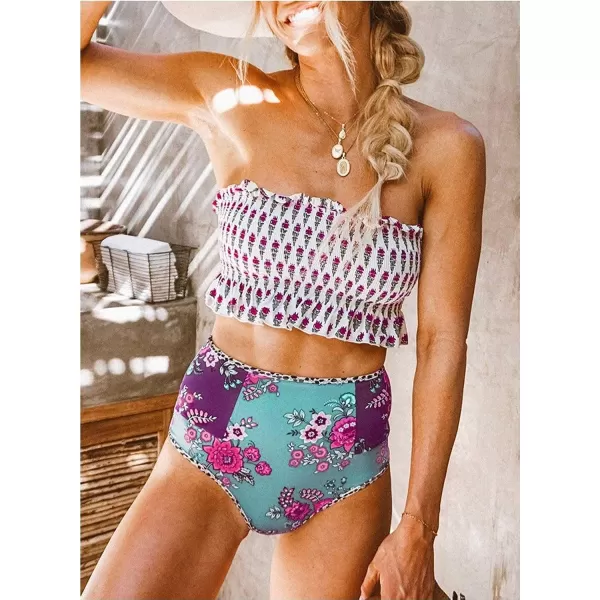 Dokotoo Women Cute High Waist Strapless Smocked Bikini Sets Swimsuit Bathing Suit