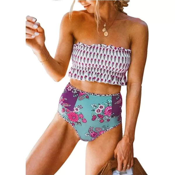 Dokotoo Women Cute High Waist Strapless Smocked Bikini Sets Swimsuit Bathing Suit