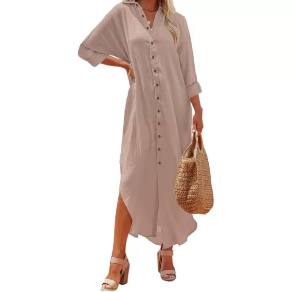 Dokotoo Women Elegant Casual Summer Spring Button Down Front Long Sleeve Maxi Dress Long Cardigan Cover Ups Shirt Dresses