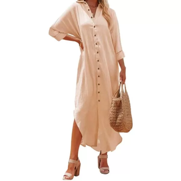 Dokotoo Women Elegant Casual Summer Spring Button Down Front Long Sleeve Maxi Dress Long Cardigan Cover Ups Shirt Dresses