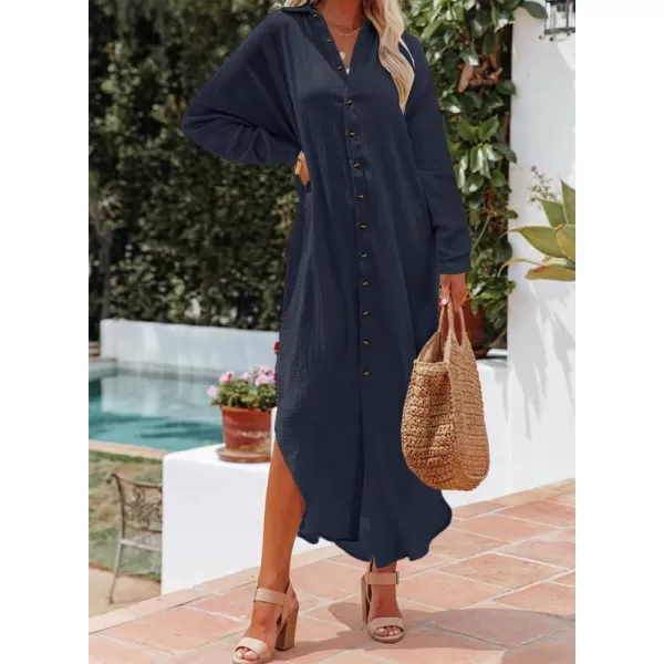 Dokotoo Women Elegant Casual Summer Spring Button Down Front Long Sleeve Maxi Dress Long Cardigan Cover Ups Shirt Dresses