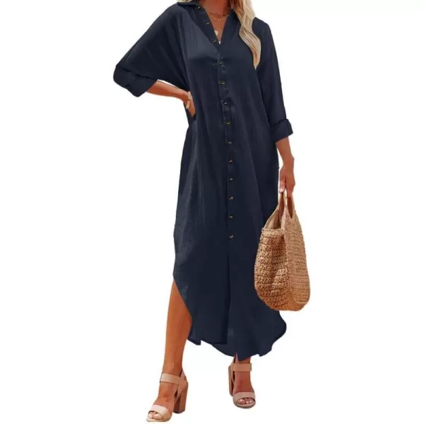Dokotoo Women Elegant Casual Summer Spring Button Down Front Long Sleeve Maxi Dress Long Cardigan Cover Ups Shirt Dresses