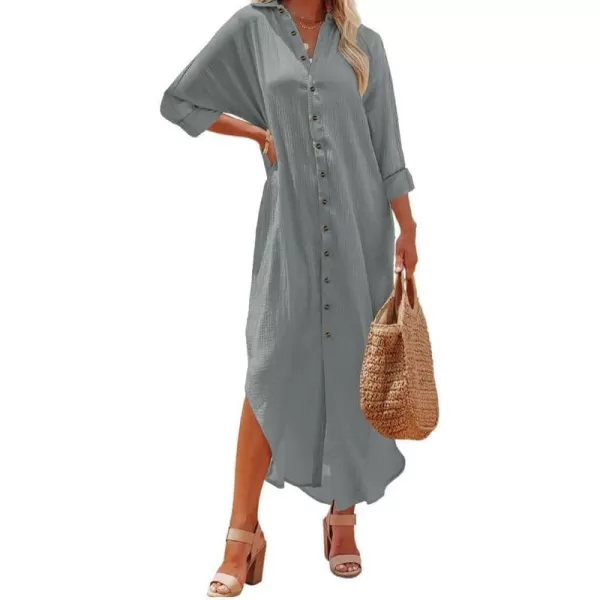 Dokotoo Women Elegant Casual Summer Spring Button Down Front Long Sleeve Maxi Dress Long Cardigan Cover Ups Shirt Dresses