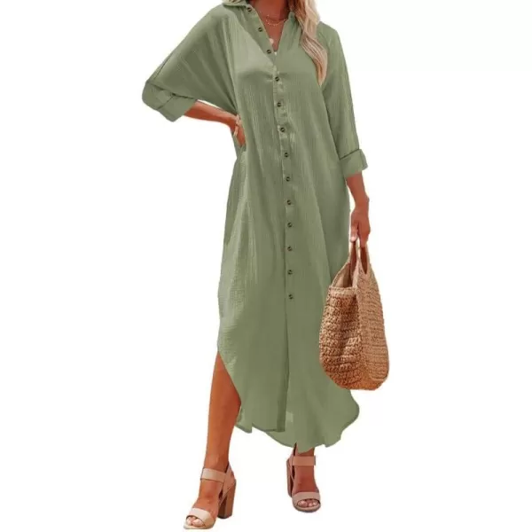 Dokotoo Women Elegant Casual Summer Spring Button Down Front Long Sleeve Maxi Dress Long Cardigan Cover Ups Shirt Dresses