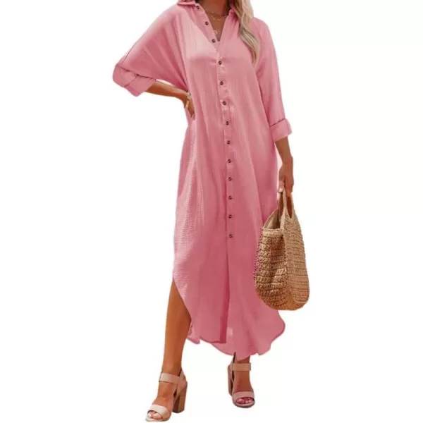 Dokotoo Women Elegant Casual Summer Spring Button Down Front Long Sleeve Maxi Dress Long Cardigan Cover Ups Shirt Dresses