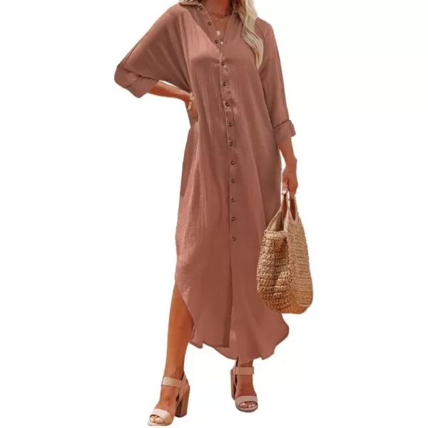 Dokotoo Women Elegant Casual Summer Spring Button Down Front Long Sleeve Maxi Dress Long Cardigan Cover Ups Shirt Dresses