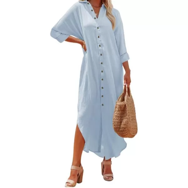 Dokotoo Women Elegant Casual Summer Spring Button Down Front Long Sleeve Maxi Dress Long Cardigan Cover Ups Shirt Dresses