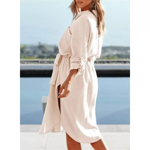 Dokotoo Womens 2023 Button Down Long Sleeve Side Split Beach Cover Ups Shirt Dress with Pockets