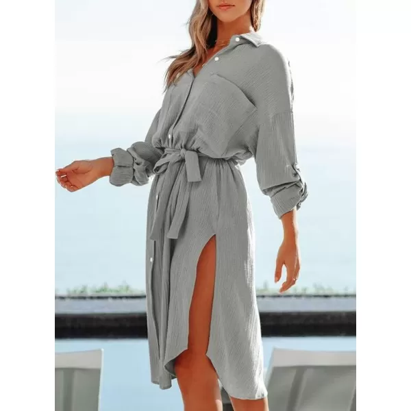 Dokotoo Womens 2023 Button Down Long Sleeve Side Split Beach Cover Ups Shirt Dress with Pockets