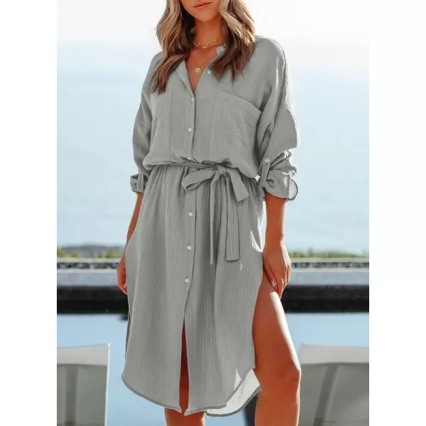 Dokotoo Womens 2023 Button Down Long Sleeve Side Split Beach Cover Ups Shirt Dress with Pockets