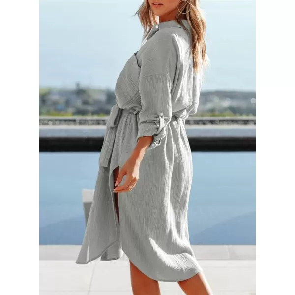 Dokotoo Womens 2023 Button Down Long Sleeve Side Split Beach Cover Ups Shirt Dress with Pockets