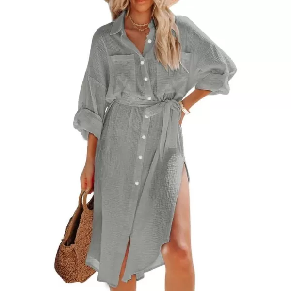 Dokotoo Womens 2023 Button Down Long Sleeve Side Split Beach Cover Ups Shirt Dress with Pockets