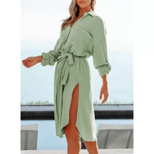 Dokotoo Womens 2023 Button Down Long Sleeve Side Split Beach Cover Ups Shirt Dress with Pockets