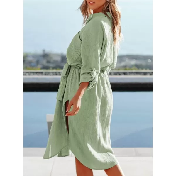 Dokotoo Womens 2023 Button Down Long Sleeve Side Split Beach Cover Ups Shirt Dress with Pockets