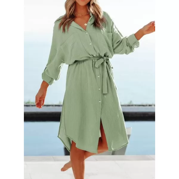 Dokotoo Womens 2023 Button Down Long Sleeve Side Split Beach Cover Ups Shirt Dress with Pockets