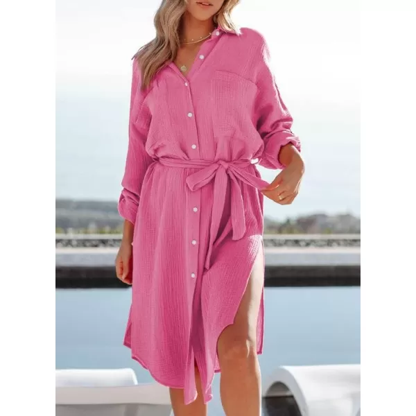 Dokotoo Womens 2023 Button Down Long Sleeve Side Split Beach Cover Ups Shirt Dress with Pockets