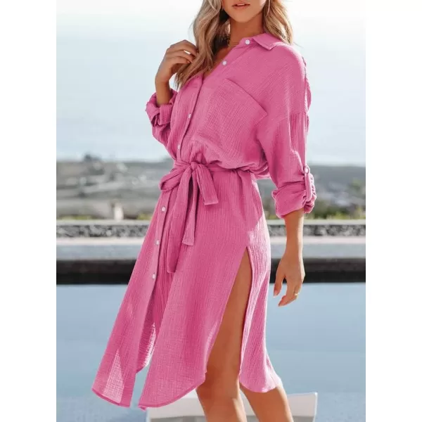 Dokotoo Womens 2023 Button Down Long Sleeve Side Split Beach Cover Ups Shirt Dress with Pockets
