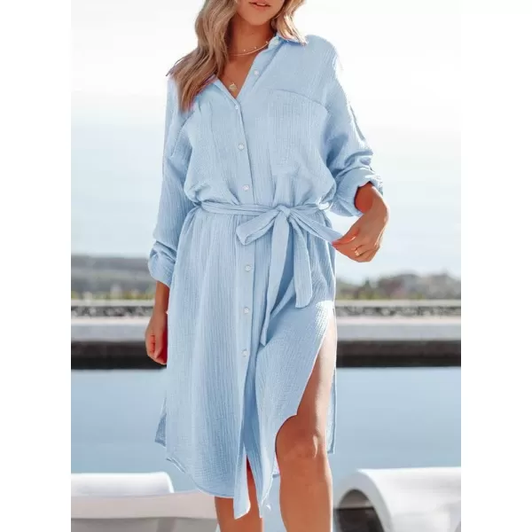 Dokotoo Womens 2023 Button Down Long Sleeve Side Split Beach Cover Ups Shirt Dress with Pockets