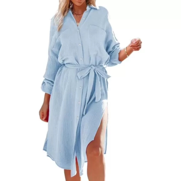 Dokotoo Womens 2023 Button Down Long Sleeve Side Split Beach Cover Ups Shirt Dress with Pockets