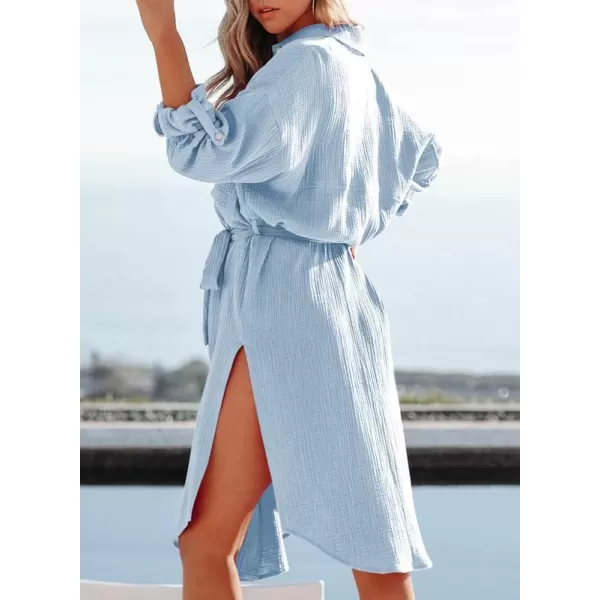 Dokotoo Womens 2023 Button Down Long Sleeve Side Split Beach Cover Ups Shirt Dress with Pockets
