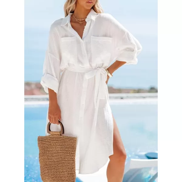 Dokotoo Womens 2023 Button Down Long Sleeve Side Split Beach Cover Ups Shirt Dress with Pockets