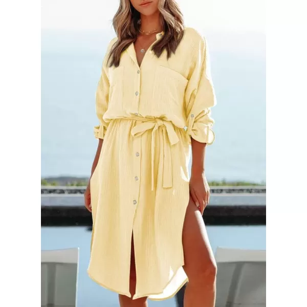 Dokotoo Womens 2023 Button Down Long Sleeve Side Split Beach Cover Ups Shirt Dress with Pockets