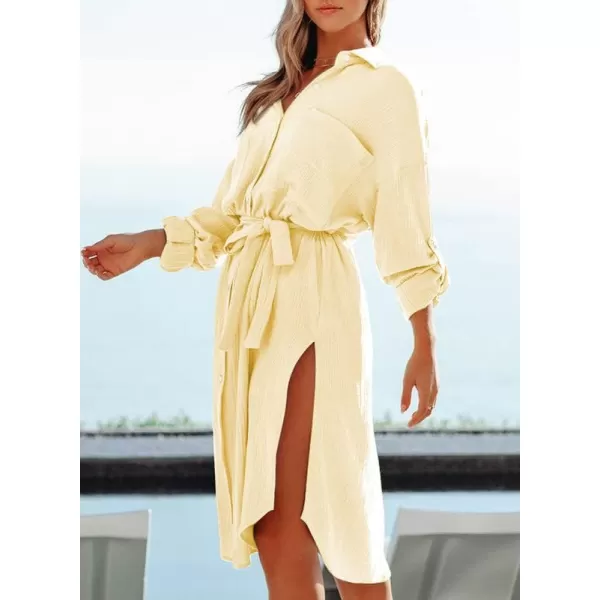 Dokotoo Womens 2023 Button Down Long Sleeve Side Split Beach Cover Ups Shirt Dress with Pockets