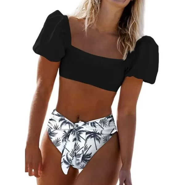 Dokotoo Womens 2023 Cute Solid Bubble Sleeves High Waisted Two Piece Bikini Swimsuit