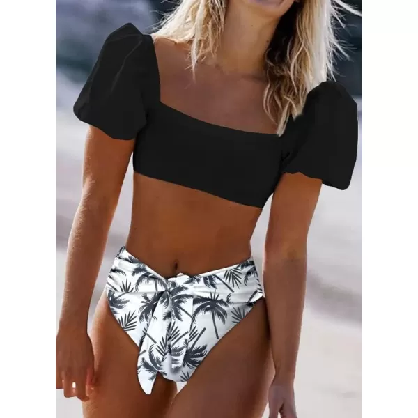 Dokotoo Womens 2023 Cute Solid Bubble Sleeves High Waisted Two Piece Bikini Swimsuit