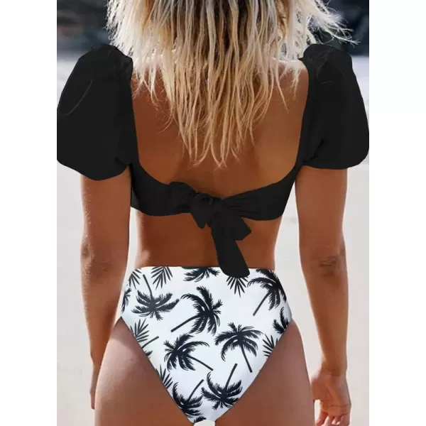 Dokotoo Womens 2023 Cute Solid Bubble Sleeves High Waisted Two Piece Bikini Swimsuit