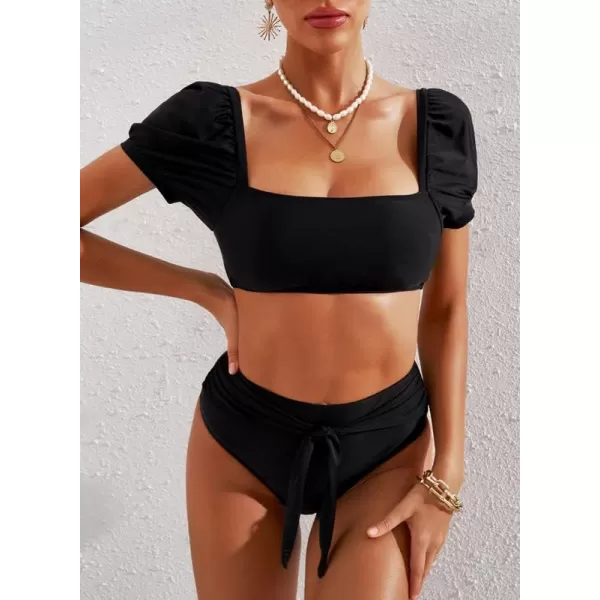 Dokotoo Womens 2023 Cute Solid Bubble Sleeves High Waisted Two Piece Bikini Swimsuit
