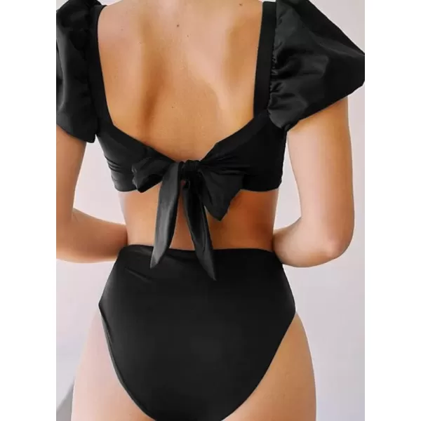 Dokotoo Womens 2023 Cute Solid Bubble Sleeves High Waisted Two Piece Bikini Swimsuit