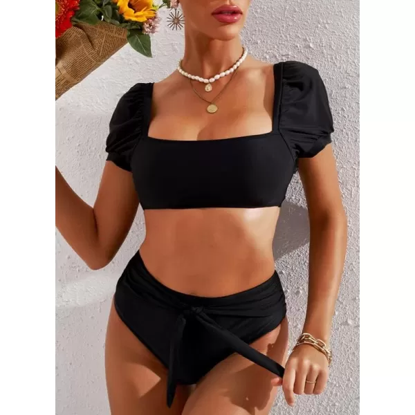 Dokotoo Womens 2023 Cute Solid Bubble Sleeves High Waisted Two Piece Bikini Swimsuit