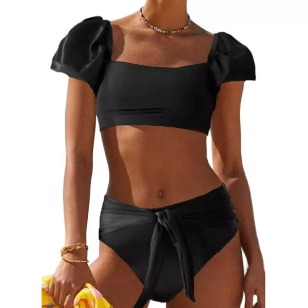 Dokotoo Womens 2023 Cute Solid Bubble Sleeves High Waisted Two Piece Bikini Swimsuit