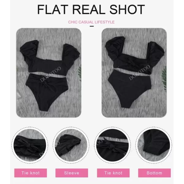 Dokotoo Womens 2023 Cute Solid Bubble Sleeves High Waisted Two Piece Bikini Swimsuit